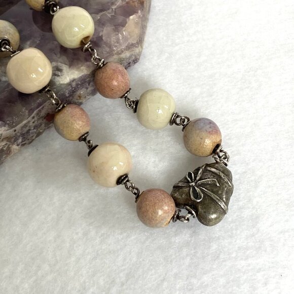 Sterling Silver 925 Italy Ceramic Beaded Pewter Heart Bow Bracelet - Picture 12 of 16